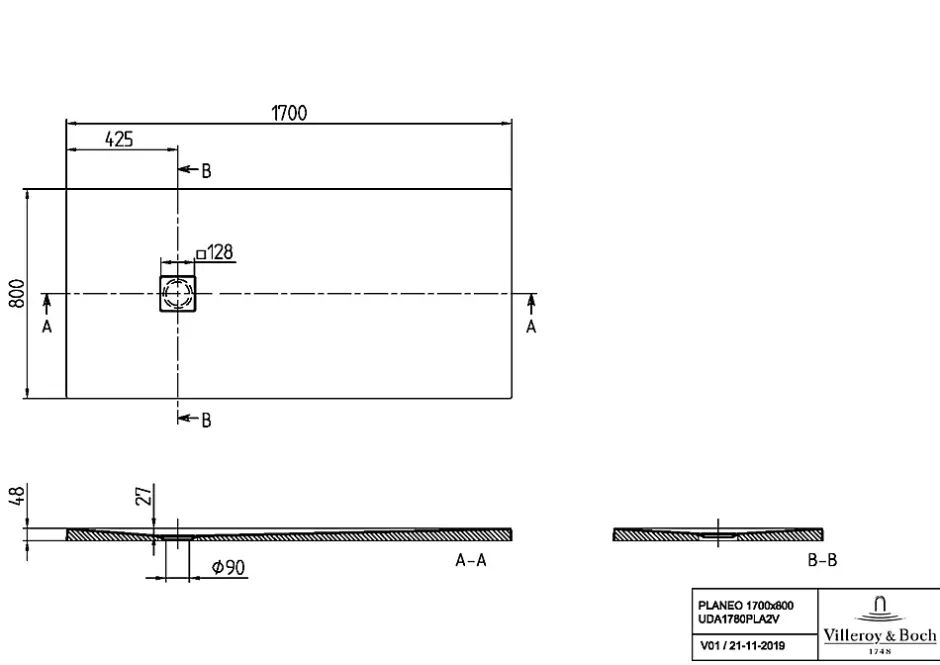 Villeroy & Boch Receveur de douche 80 x 170 cm en acrylique, blanc texturé, Exklusive