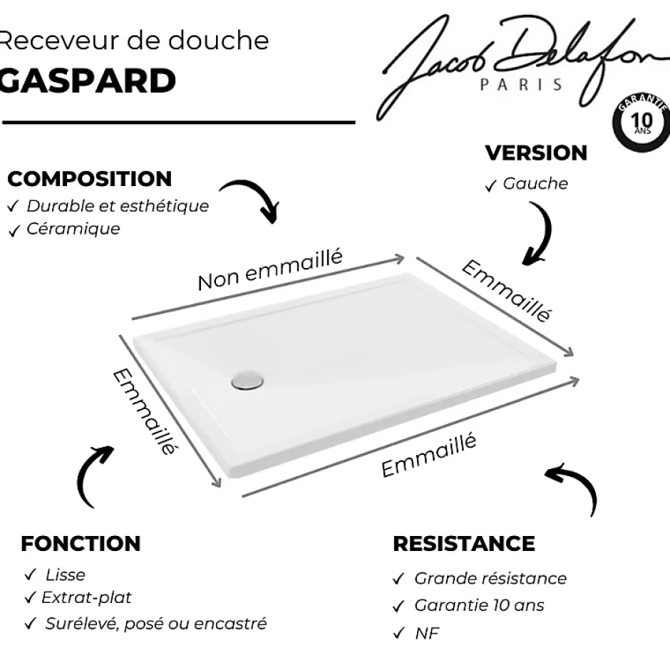 Jacob Delafon Receveur de douche 120 x 90 Gaspard extra-plat céramique bonde à gauche