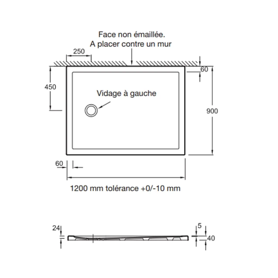 Jacob Delafon Receveur de douche 120 x 90 Gaspard extra-plat céramique bonde à gauche