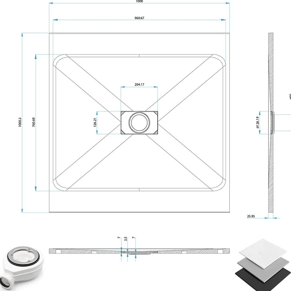 Saniverre Receveur de douche BAYA extra-plat aspect pierre gris 100 x 100 cm + bonde centrale* Receveur De Douche