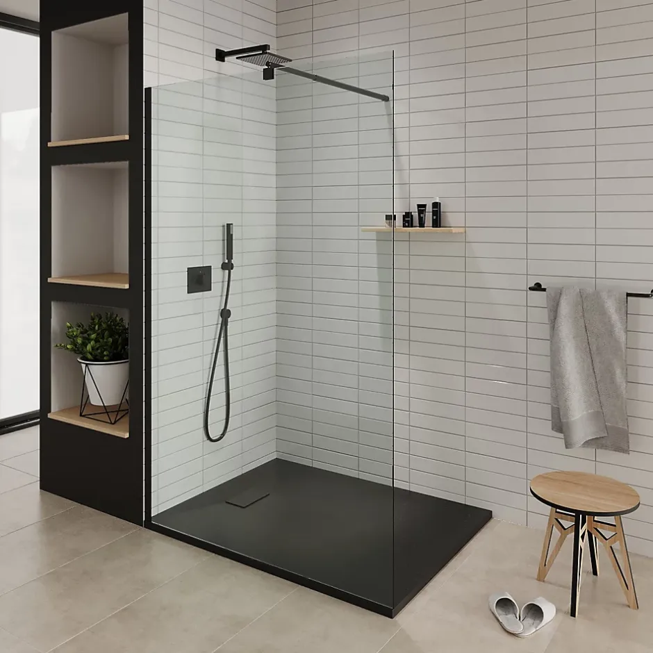 Saniverre Receveur de douche BAYA extra-plat aspect pierre noir 90 x 90 cm + bonde