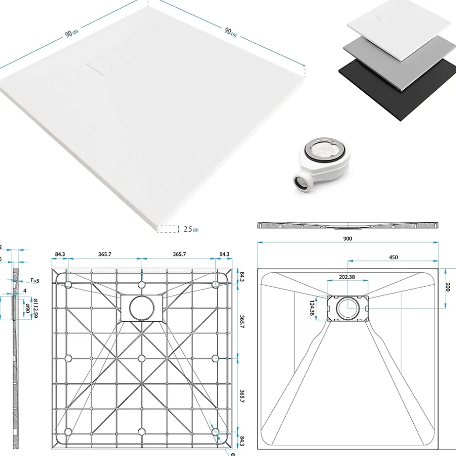 Saniverre Receveur de douche BAYA extra-plat aspect pierre noir 90 x 90 cm + bonde