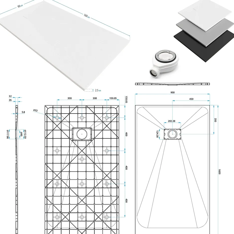 Saniverre Receveur de douche BAYA extra-plat aspect pierre blanc 90 x 160 cm + bonde