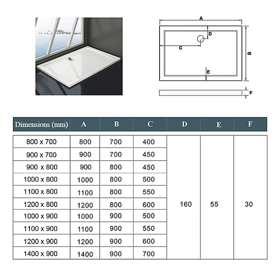 AICA Sanitaire Receveur de douche blanc 90x80x3 cm - Extra plat - Carré - Résine antidérapante avec le bonde de douche et siphon 90cm* Receveur De Douche