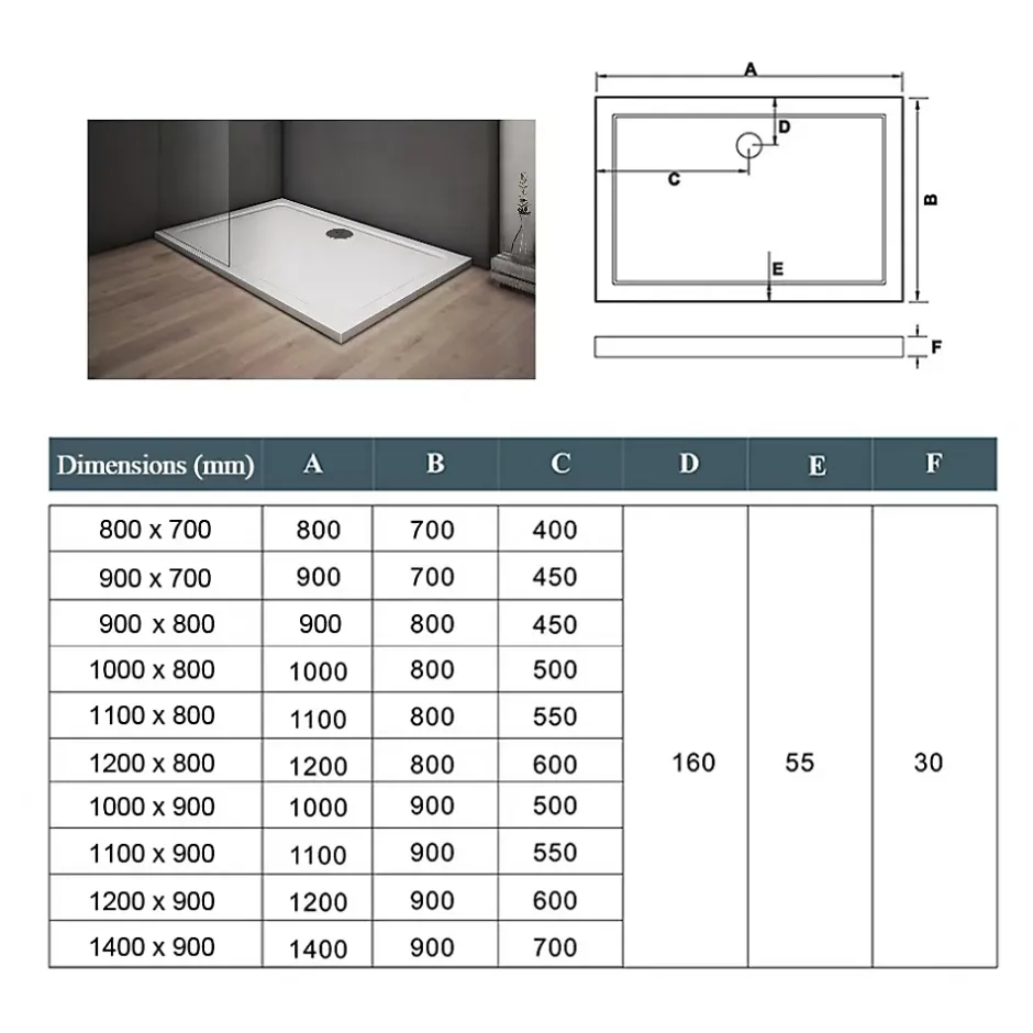 AICA Sanitaire Receveur de douche blanc - 150x90x3cm - rectangulaire - Bac à douche extra plat - Antidérapant* Receveur De Douche