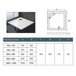 AICA Sanitaire Receveur de douche blanc 80x80x3 cm - Extra plat - Carré - Résine antidérapante avec le bonde de douche et siphon 90cm