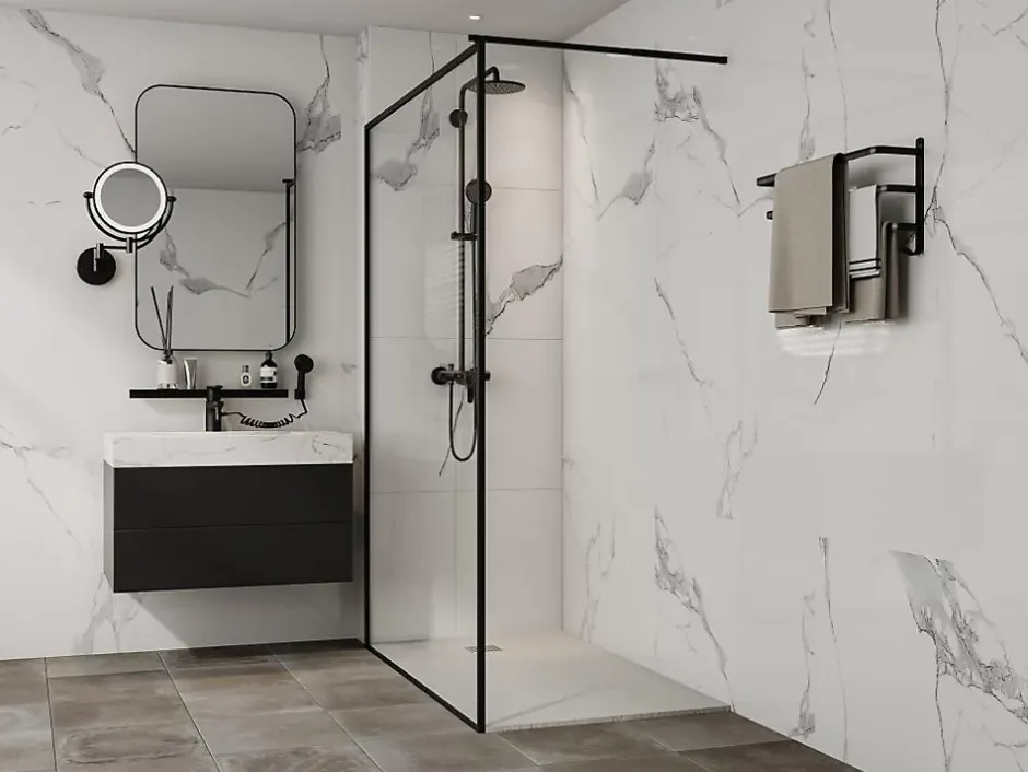 Vente-unique Receveur de douche extra plat à poser ou à encastrer recoupable en résine SMC - Blanc - 140 x 80 cm - MIRNOSA