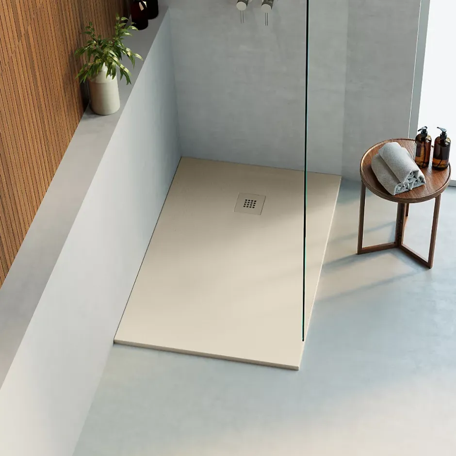 Lavaberg Receveur de Douche Extraplat 160x80cm Beige - Résine Minérale - Antidérapant - Effet Ardoise - Bonde Incluse -