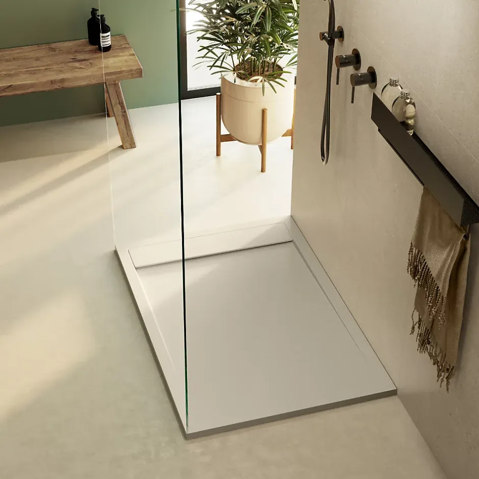 Lavaberg Receveur de Douche Extraplat 100x80cm Beige - Résine Minérale - Antidérapant - Effet Ardoise - Bonde Incluse -* Receveur De Douche