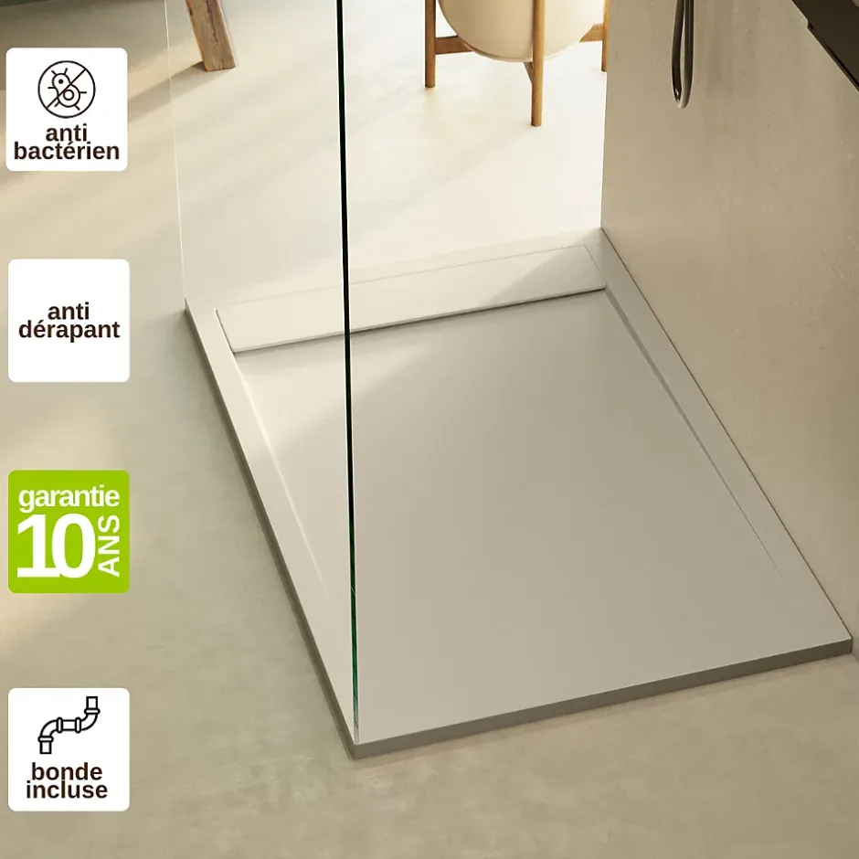 Lavaberg Receveur de Douche Extraplat 100x80cm Beige - Résine Minérale - Antidérapant - Effet Ardoise - Bonde Incluse -* Receveur De Douche