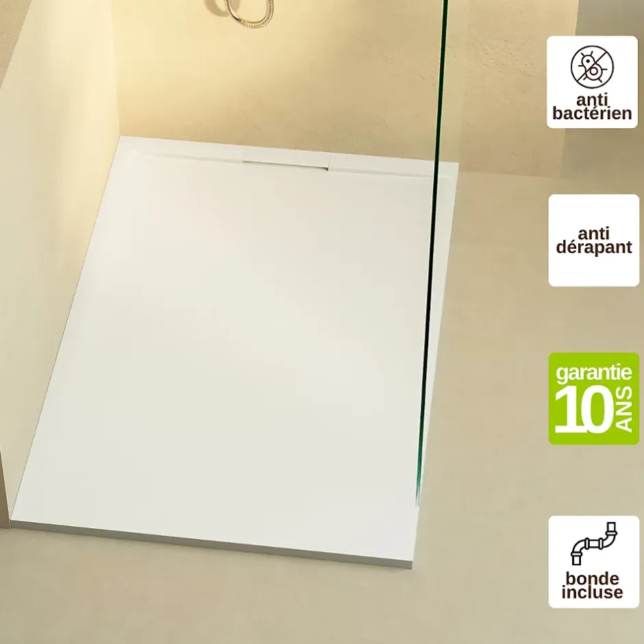 Lavaberg Receveur de Douche Extraplat 180x80cm Blanc - Résine Minérale - Antidérapant - Effet Ardoise - Bonde Incluse -* Receveur De Douche
