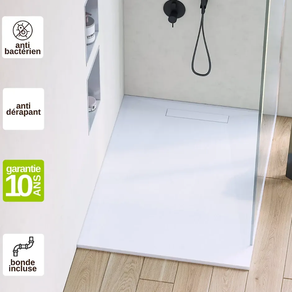Sanizéo Receveur de Douche Extraplat 70X140cm Blanc - Résine Minérale - Antidérapant - Effet Pierre Naturelle - RÉSIGRÈS.