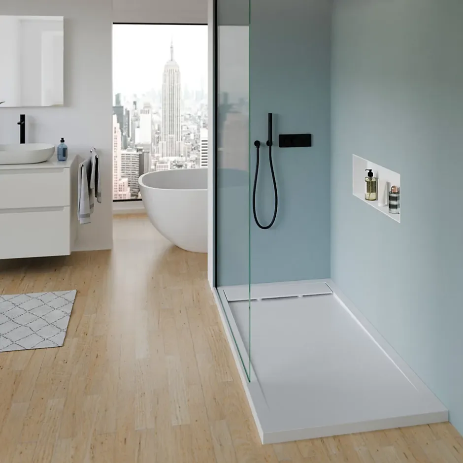 Bernstein Receveur de douche fonte minérale, Blanc mat, 160x80x4.5cm, Bac à douche antidérapant, Pente écoulement, Sans bonde