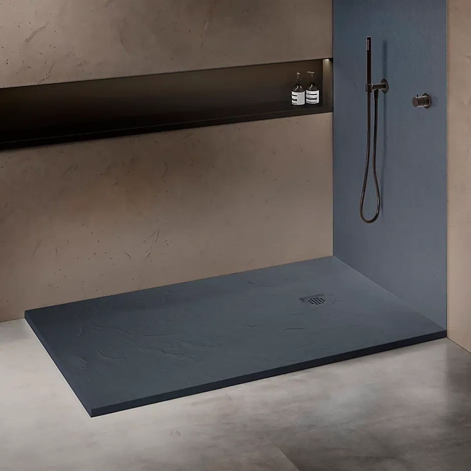 U-tile Receveur de douche gris 140 x 90 cm haute densité aspect ardoise - grille carrée excentrée