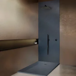 U-tile Receveur de douche gris 140 x 90 cm haute densité aspect ardoise - grille carrée excentrée