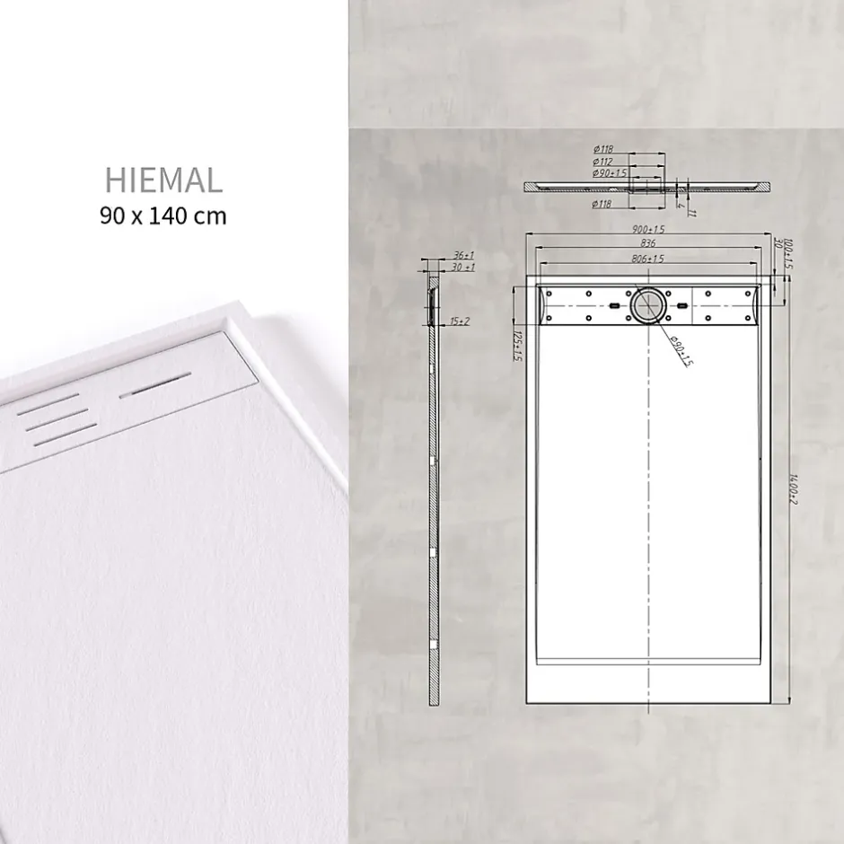 Saniverre Receveur de douche HIEMAL 90 x 140 cm résine Blanc aspect ardoise + bonde incluse -* Receveur De Douche