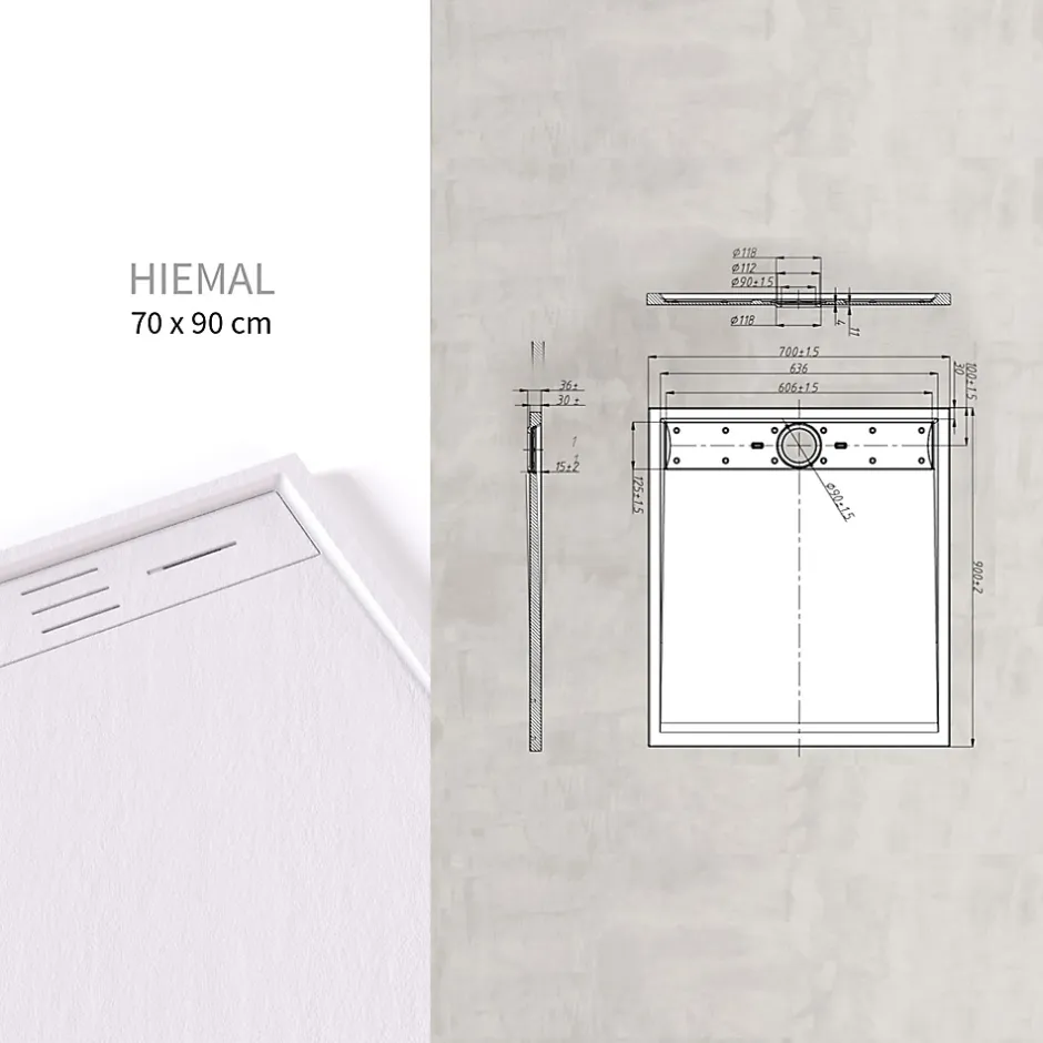Saniverre Receveur de douche HIEMAL 70 x 90 cm résine Blanc aspect ardoise + bonde incluse -* Receveur De Douche