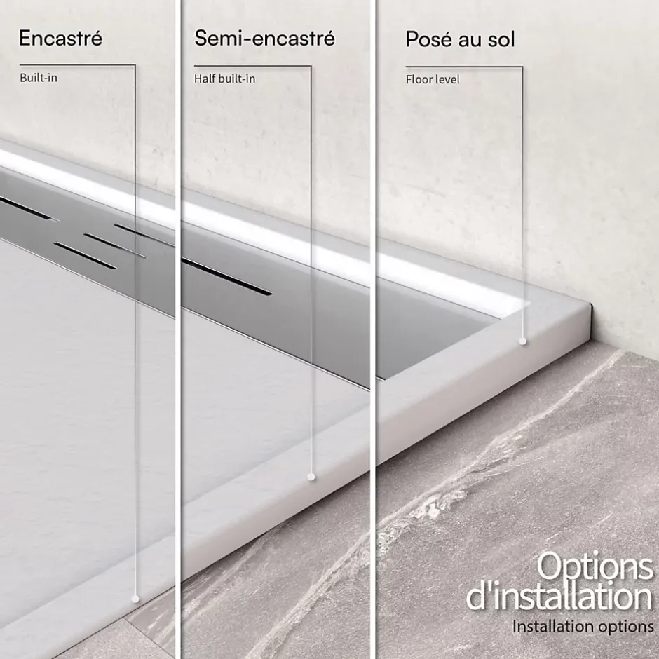 Saniverre Receveur de douche HIEMAL INOX 80 x 160 cm résine Blanc aspect ardoise + bonde inox incluse -* Receveur De Douche