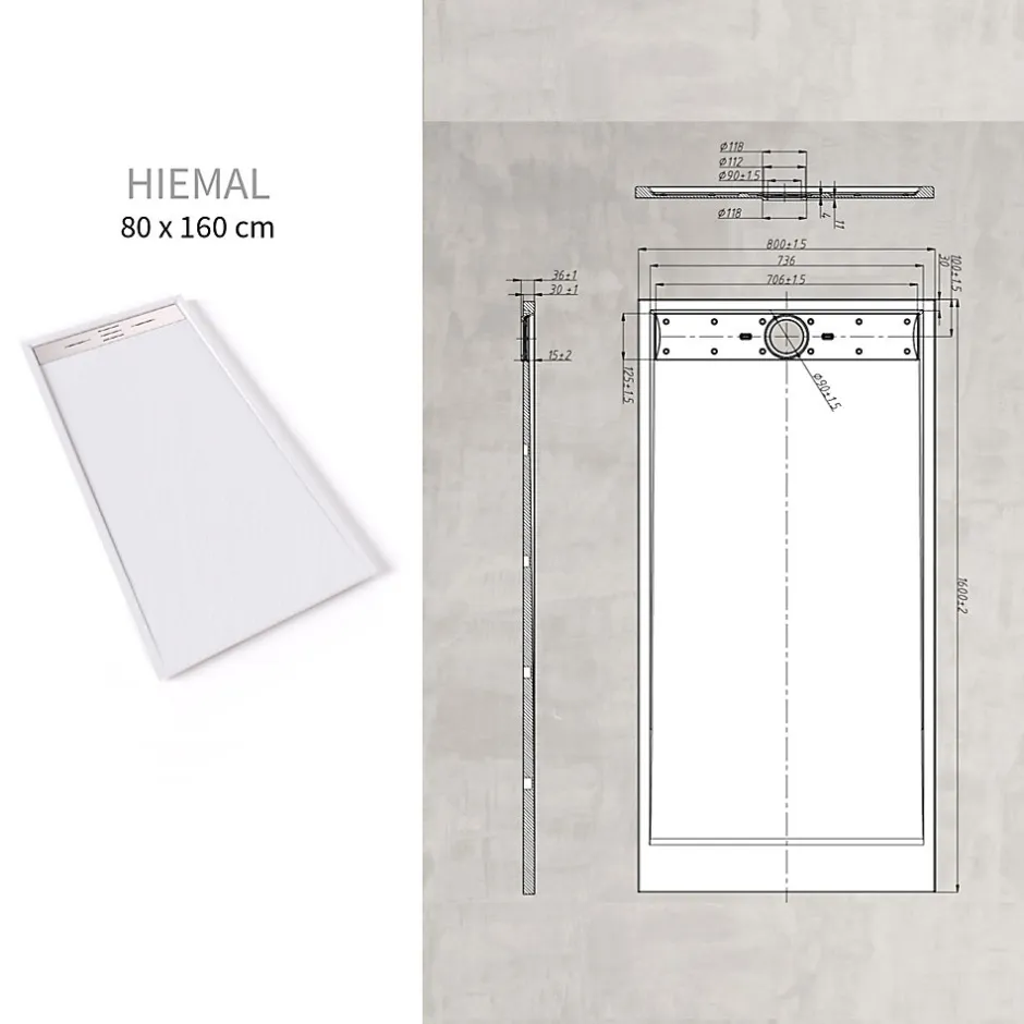 Saniverre Receveur de douche HIEMAL INOX 80 x 160 cm résine Blanc aspect ardoise + bonde inox incluse -* Receveur De Douche