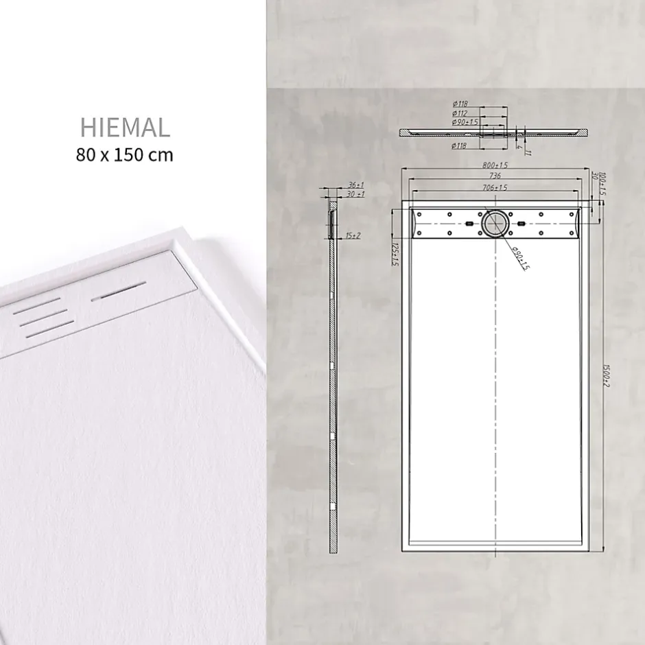 Saniverre Receveur de douche HIEMAL 80 x 150 cm résine Blanc aspect ardoise + bonde incluse -