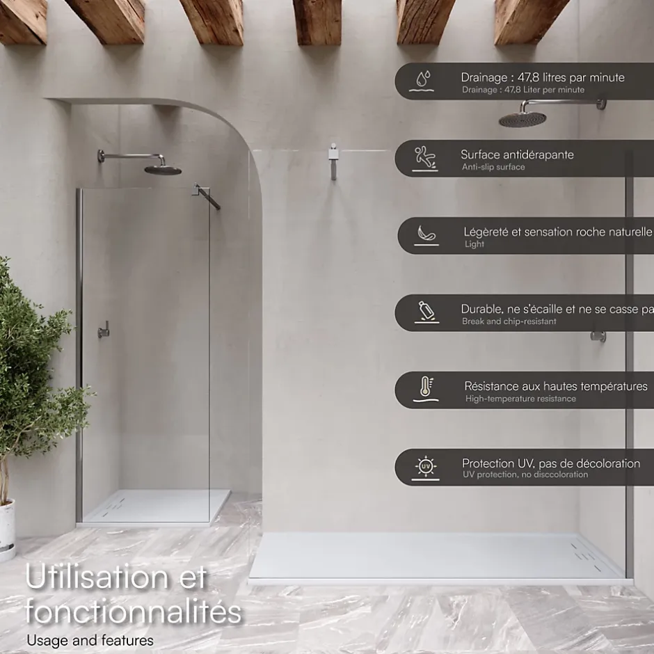 Saniverre Receveur de douche HIEMAL 70 x 180 cm résine Blanc aspect ardoise + bonde incluse -