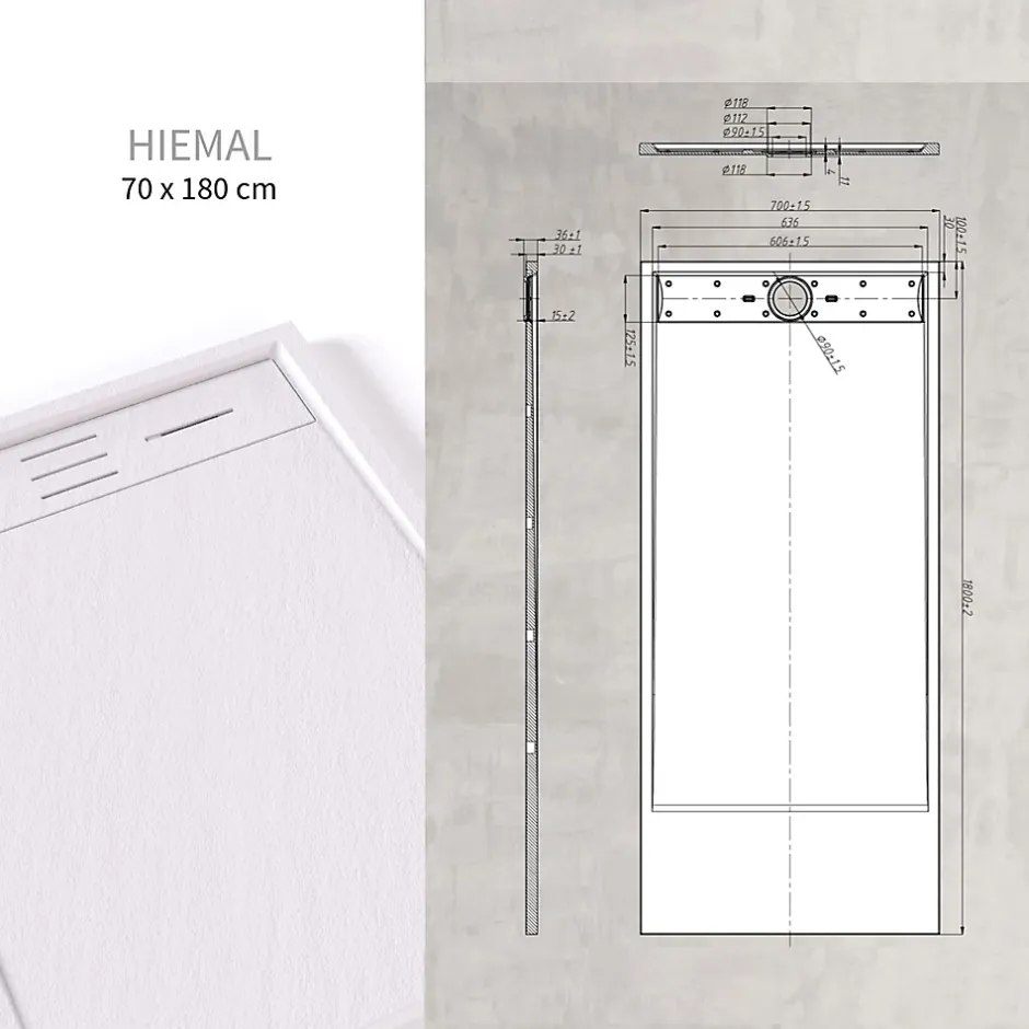 Saniverre Receveur de douche HIEMAL 70 x 180 cm résine Blanc aspect ardoise + bonde incluse -