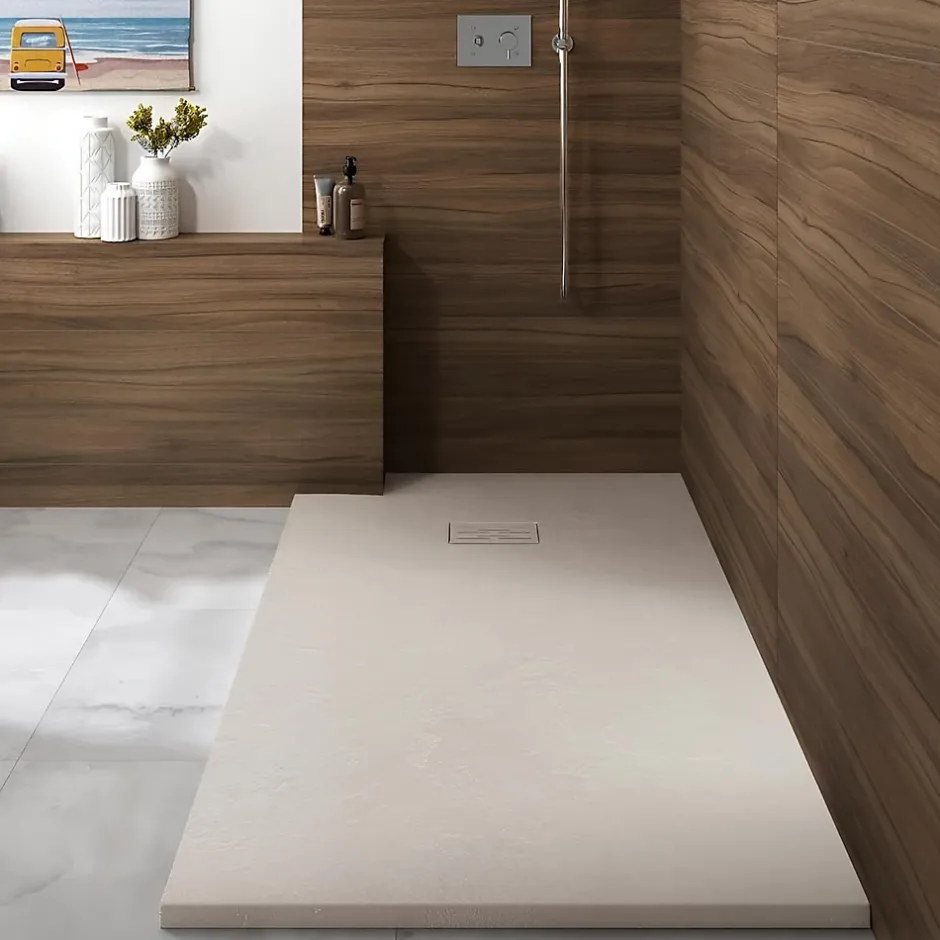Kinedo Receveur de douche Kinerock Evo 180x100 sable, texture minérale avec grille assortie et bonde extra-plate