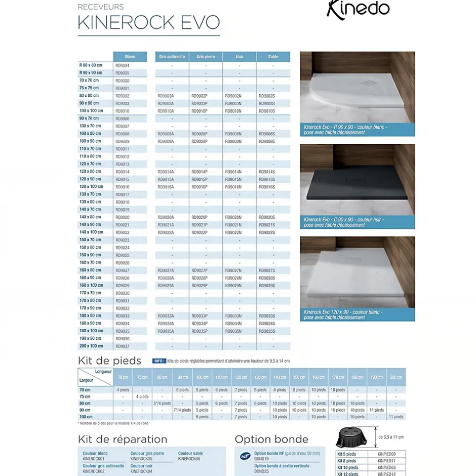 Kinedo Receveur de douche Kinerock Evo 180x100 sable, texture minérale avec grille assortie et bonde extra-plate