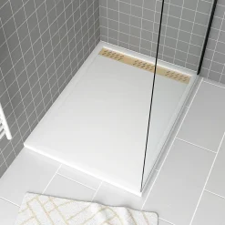 Galedo Receveur de douche L.120 x l.90 x H.4 cm, acrylique renforcé blanc, avec grille d'évacuation dorée, Pure 2* Receveur De Douche