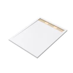 Galedo Receveur de douche L.120 x l.90 x H.4 cm, acrylique renforcé blanc, avec grille d'évacuation dorée, Pure 2* Receveur De Douche
