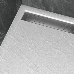 Galedo Receveur de douche L.120 x l.90 x H.4 cm, acrylique renforcé blanc effet pierre, avec grille d'évacuation gun metal, Pedra
