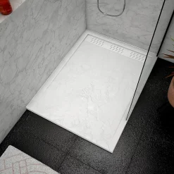 Galedo Receveur de douche L.120 x l.90 x H.4 cm, acrylique renforcé blanc effet pierre, avec grille d'évacuation blanche, Pedra