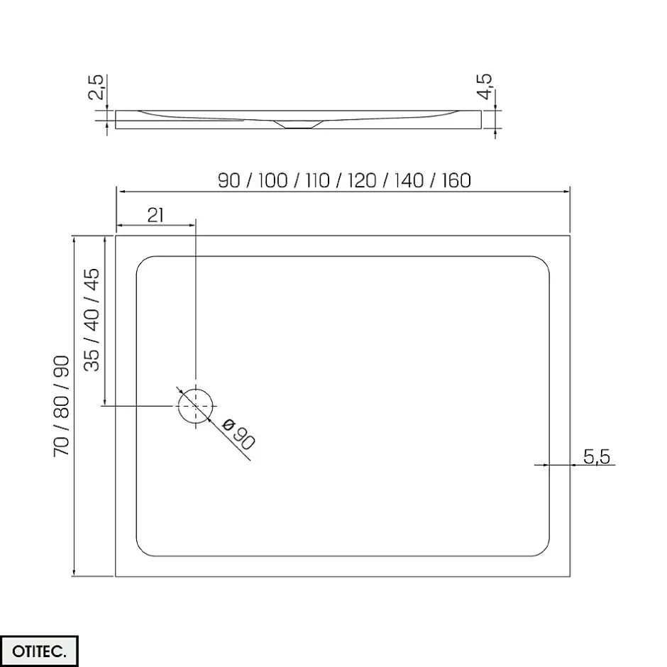 Otitec Receveur de Douche Rectangle - 80 x 90 x 4,5 cm - Blanc - avec Siphon OFFERT - MOON* Receveur De Douche
