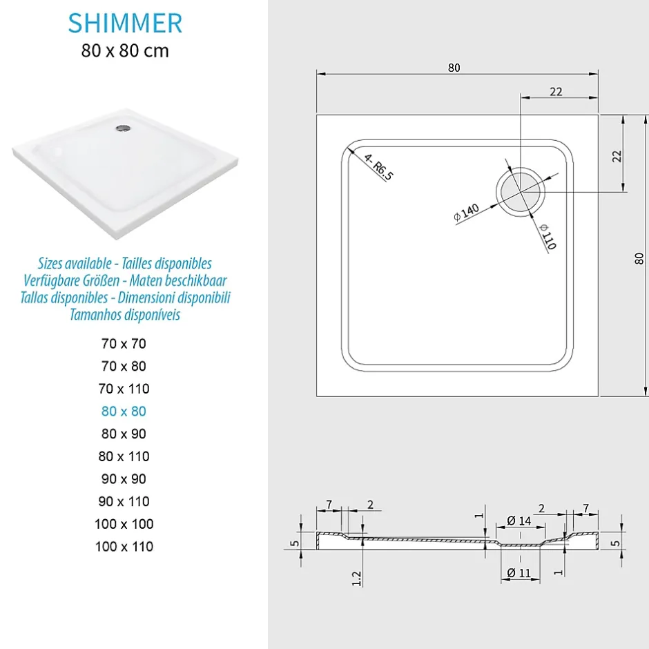 Saniverre Receveur de douche SHIMMER 80 x 80 cm acrylique Blanc + bonde et siphon inclus -