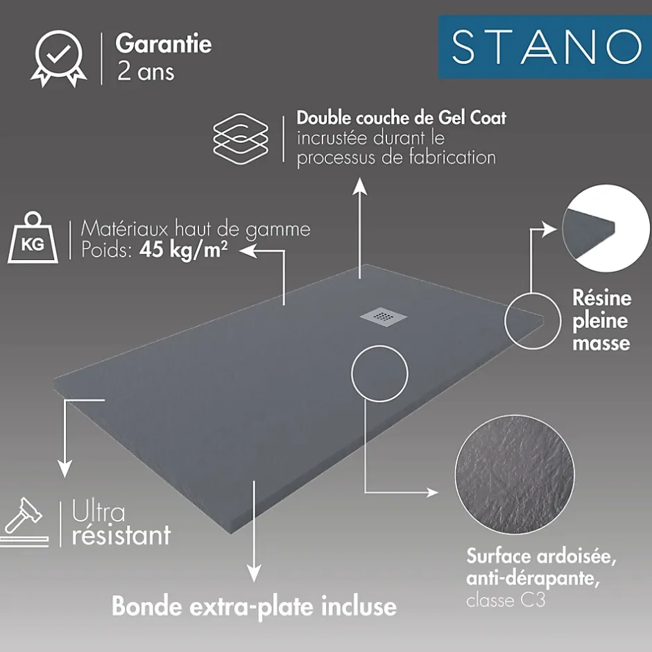Stano Receveur de douche 90x170cm extra plat MADISON en resine surface ardoisee anthracite* Receveur De Douche