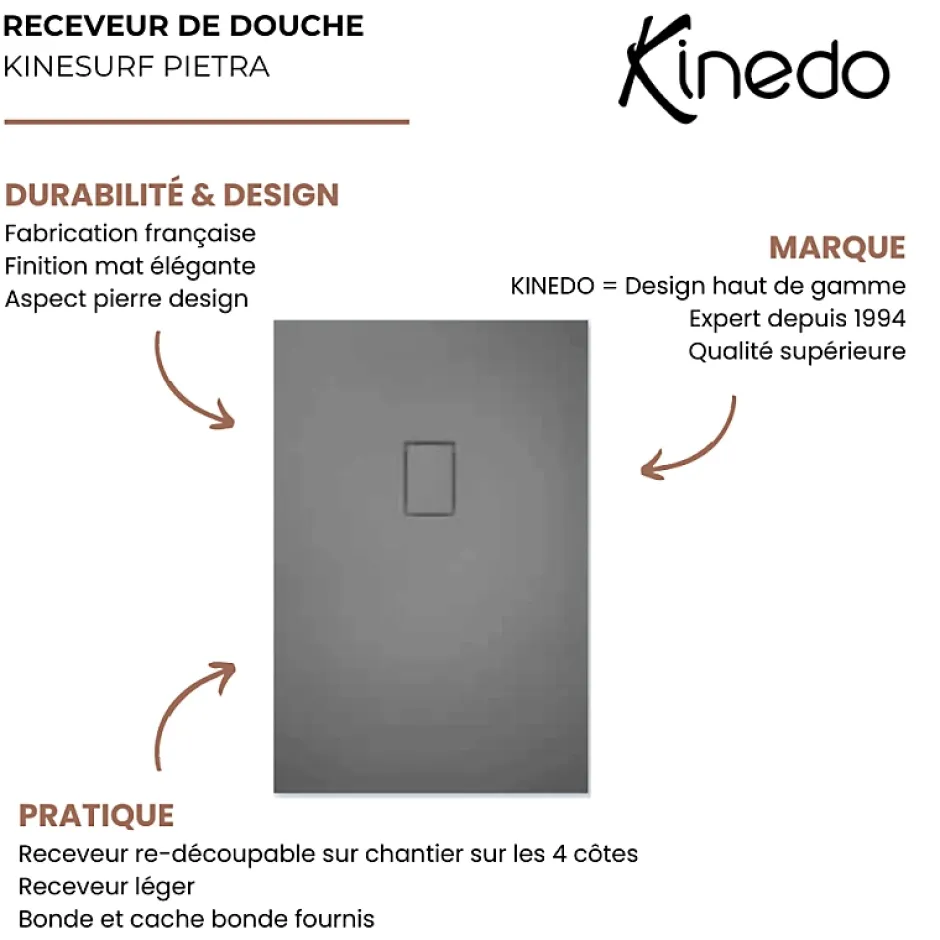 Kinedo Receveur Kinesurf découpable 120x90 blanc aspect pierre avec cache-bonde assorti et bonde extra-plate* Receveur De Douche