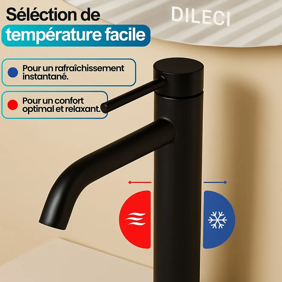 Dileci Robinet à bec court pour salle de bain couleur noir mat -* Robinet Lave-Mains