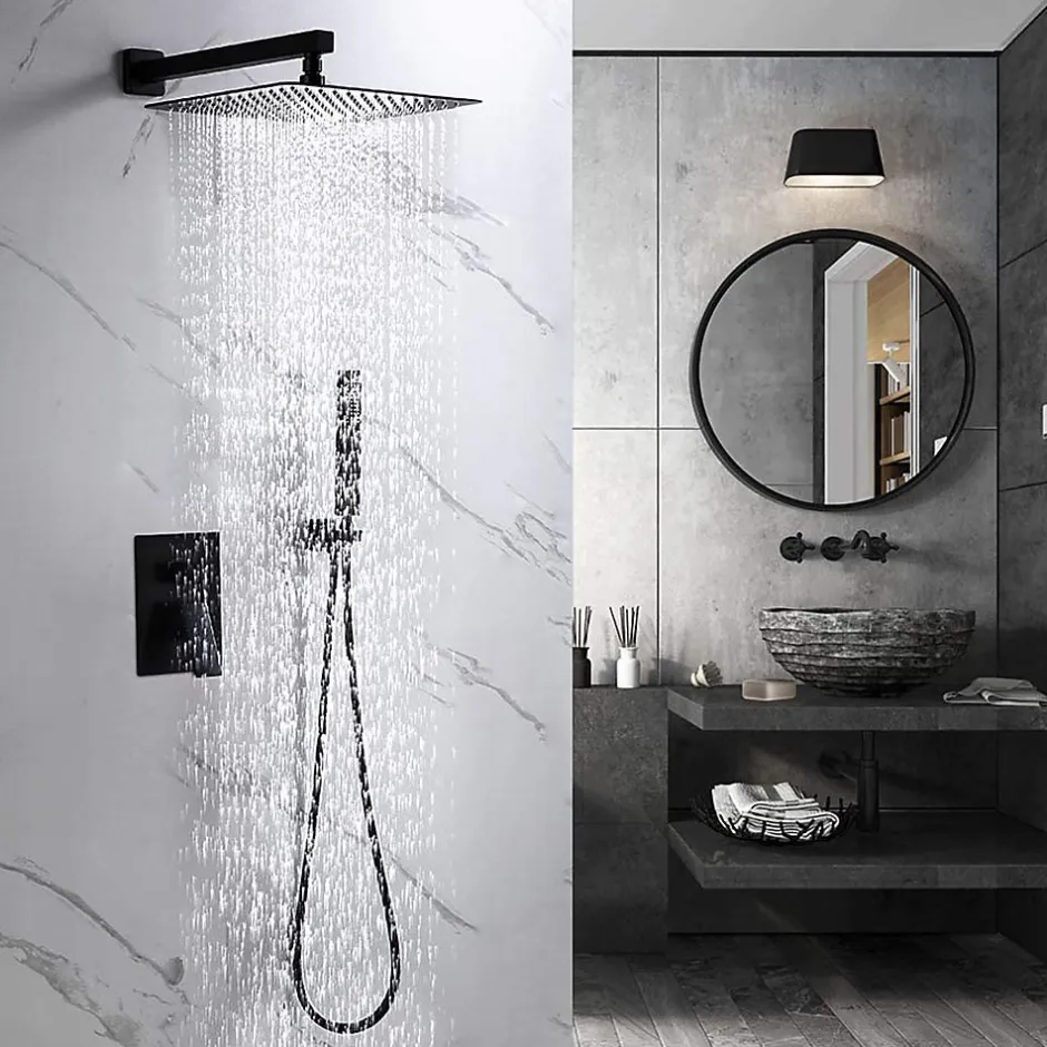 Kibath Robinet de douche encastré, monocommande pour montage au plafond CHE carré, finition NOIR mat, en laiton