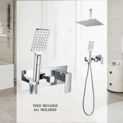 Kibath Robinet de douche encastré, levier unique monté au plafond, carré, finition chrome poli, en laiton* Robinet De Douche