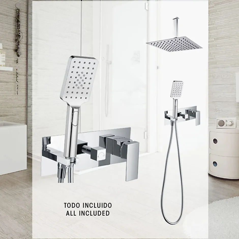 Kibath Robinet de douche encastré, levier unique monté au plafond, carré, finition chrome poli, en laiton* Robinet De Douche