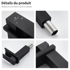 Homelody Robinet de Lavabo Cascade Noir Mitigeur de Lavabo Mono-trou Robinetterie Lave-mains Monocommande Robinet Salle de Bain