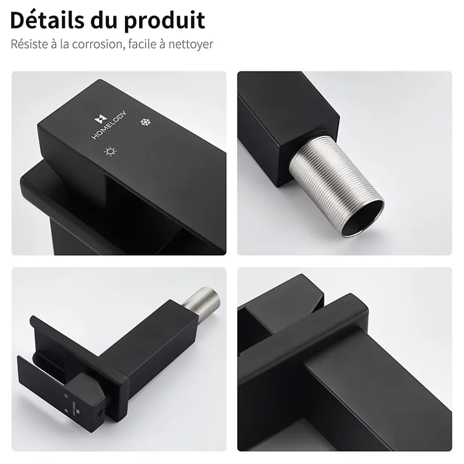Homelody Robinet de Lavabo Cascade Noir Mitigeur de Lavabo Mono-trou Robinetterie Lave-mains Monocommande Robinet Salle de Bain