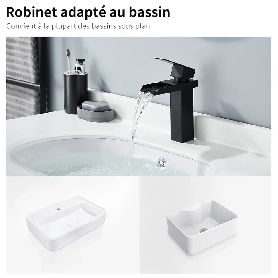 Homelody Robinet de Lavabo Cascade Noir Mitigeur de Lavabo Mono-trou Robinetterie Lave-mains Monocommande Robinet Salle de Bain