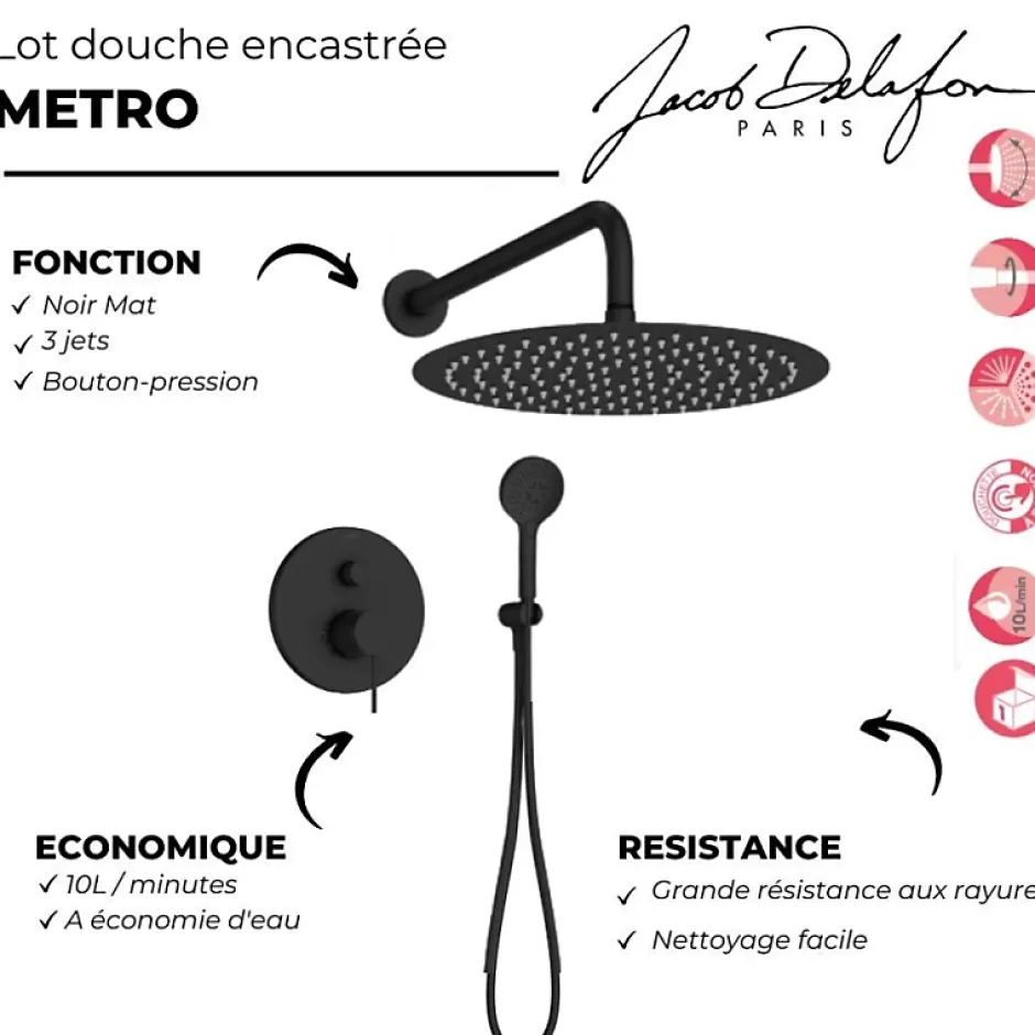 Jacob Delafon Robinet douche encastré thermostatique Metro, Noir mat Economie d'eau* Colonne De Douche Encastrable