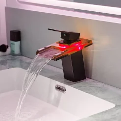 Saniverre Robinet mitigeur bec cascade à LED lumineuses SOLEO chrome noir -* Robinet Lavabo Et Vasque