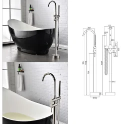 Saniverre Robinet mitigeur colonne sur pied MATY chrome brossé pour baignoire îlot -* Colonne De Baignoire