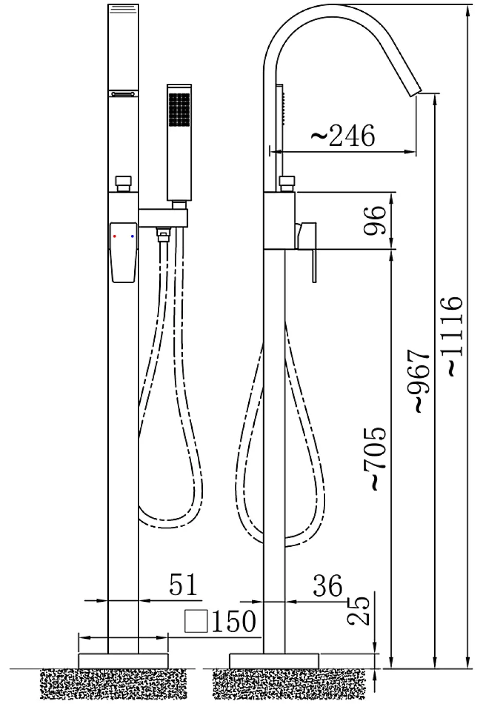 Bernstein Robinet Mitigeur de baignoire design sur pieds en acier inoxydable et laiton pour salle de bain - H. 111,6cm - NT3311 2.0 - Chrome