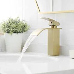 Saniverre Robinet mitigeur TIBRE bec cascade extra-plat or brossé -* Robinet Lavabo Et Vasque