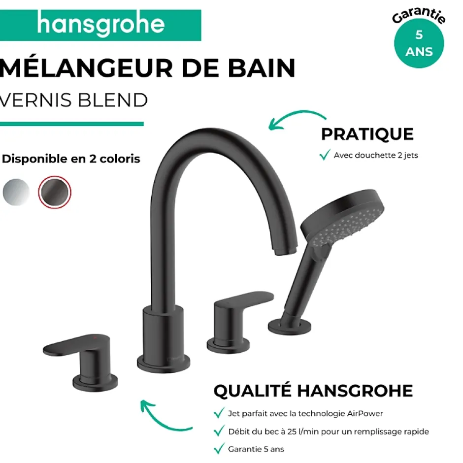 Hansgrohe Robinet mélangeur bain douche 4 trous Vernis Blend noir mat
