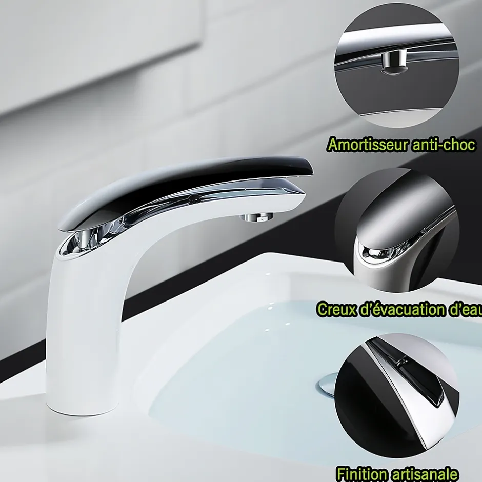 Homelody Robinet Salle de Bain Blanc Mitigeur de Lavabo En Laiton de Qualité Robinetterie pour Lavabo Hauteur sous Bec 125mm